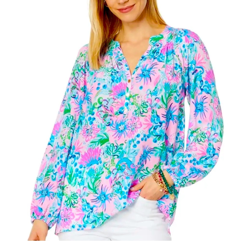🌸 SALE 🌸 Lilly Pulitzer Elsa Silk Top in Mandevilla Baby Paradise Petals Print